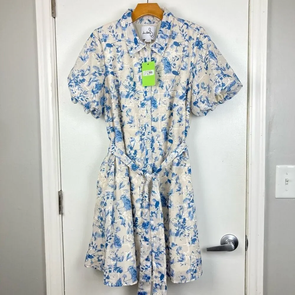Sam Edelman Floral Embroidered Eyelet Puff Sleeve Mini Shirtdress White Blue, 14